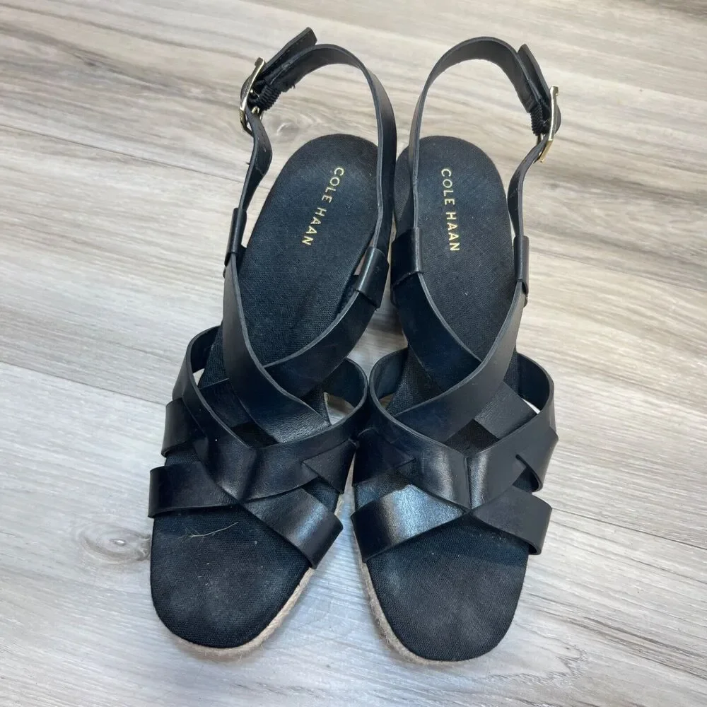 Cole‎ Haan W23573 Crystal Sandal Wedge Black Women Size 7B Leather Espadrilles